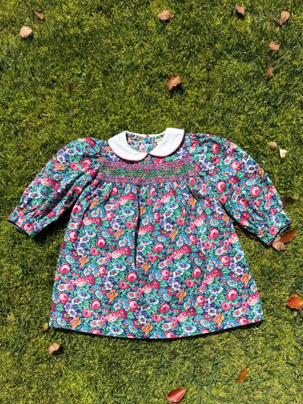 VTG Mousefeathers Cottage Floral Smocked Dress Peter Pan Collar 100% Cotton Sz 3